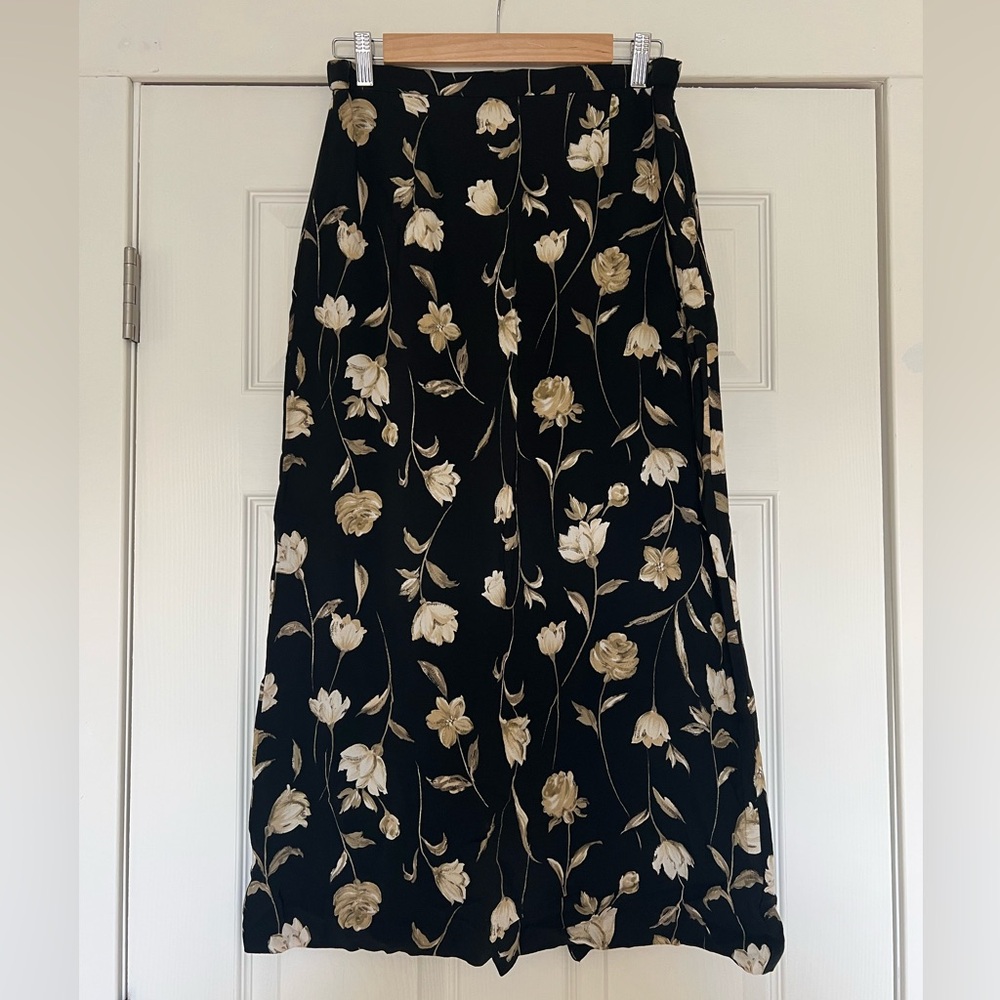 Vintage 90s Coldwater Creek Floral Black and Cream Skirt
